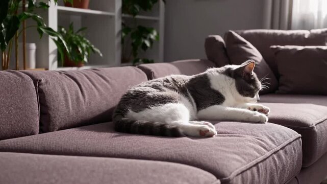 feline with grey and white fur residing in domestic environment