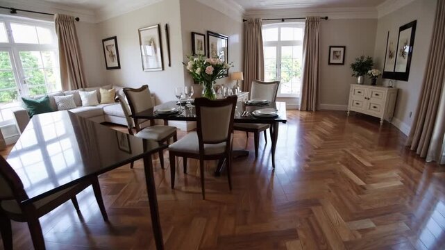 expansive and well-lit eating area featuring natural wood floor panels and comfortable seating arrangement