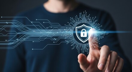 Cyber security concept showing shield with padlock on digital data streams being activated by touch