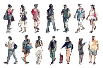 watercolor people walking street fashion set