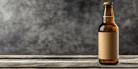 Brown beer bottle with blank label on wooden surface. Amber ale container having empty sticker atop lumber plane brewery beverage refreshment alcohol pub bar tavern drinkware