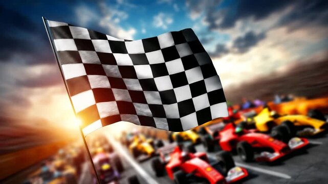 Checkered flag waves as drivers race to victory at the finish line during an exciting motorsport event