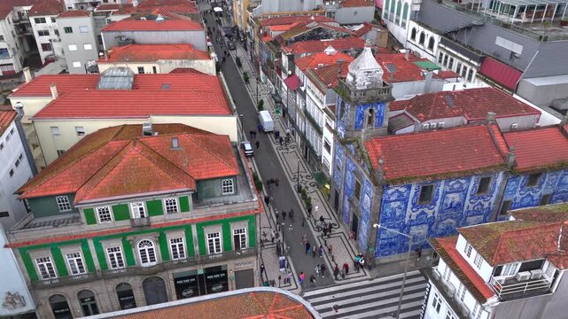 Chapel of souls, Capela das Almas de Santa Catarina Church, Aerial Shot of azulejos Tiles on the wall in Porto, Portugal