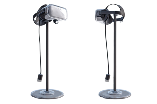 VR headsets on stands, two views