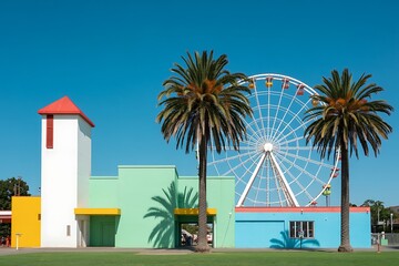 Obraz premium Ferris wheel and palm trees at amusement park summer travel photo