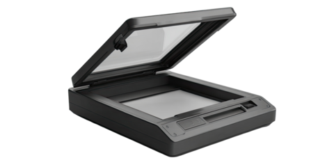 Flatbed scanner with open lid, gray