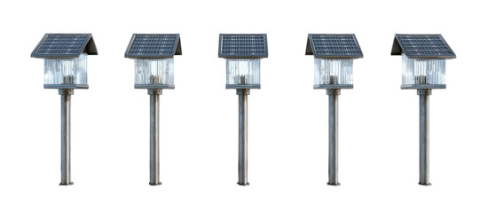 Five solar-powered outdoor light posts