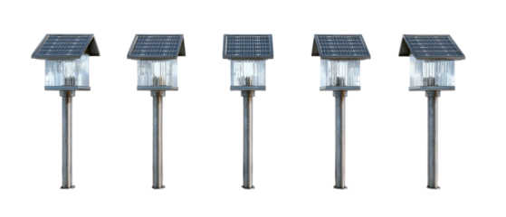 Five solar-powered outdoor light posts