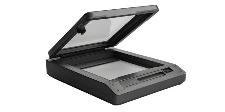 Flatbed scanner with open lid, gray