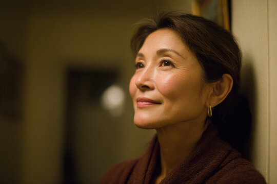 woman gazes at old photograph with warm smile evoking sense of bittersweet nostalgia