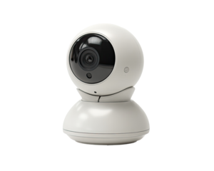 Small, round, white security camera.  Features a black lens.  Solid, sturdy base