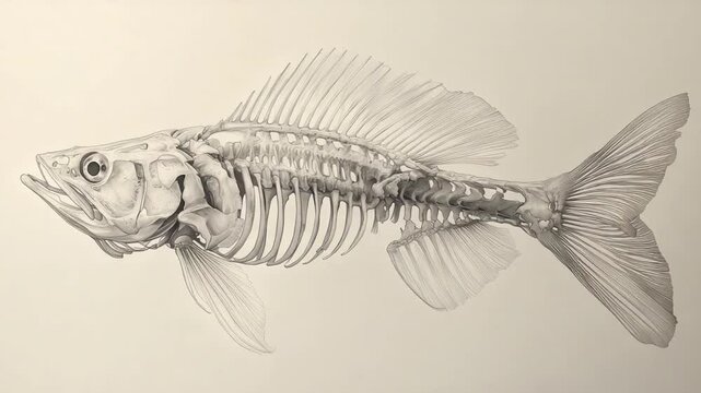 Detailed grayscale drawing of a fish skeleton