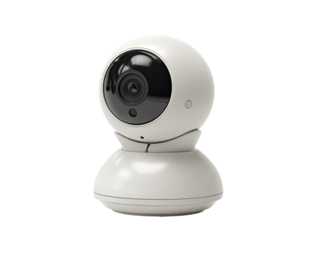 Small, round, white security camera.  Features a black lens.  Solid, sturdy base
