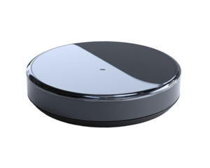 Circular, gray, compact device with a subtle, light gray/silver rim.  A small, dark dot is visible on the top surface.  Clean, modern design