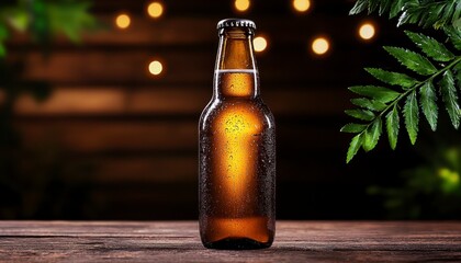 Craft beer bottle mockup with condensation on rustic. Artisanal ale flask template having moisture upon weathered surface beverage presentation brewery pub drink alcohol blank.