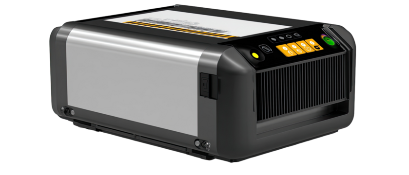 Portable, rectangular device with silver and black panels.  Features a control panel with yellow accents.  Compact design