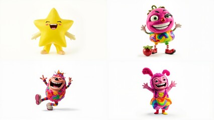 Five different toy characters in poses background design elements layers composition depth frame expression style creative cartoonish gesture colorful emotion backgrounds movement figure