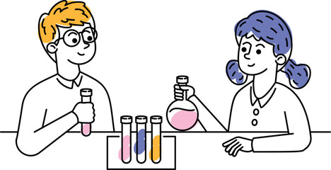 Cute pupils learning chemistry vector illustration