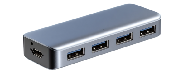 Gray rectangular USB hub with four ports