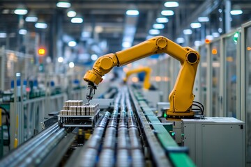 Yellow robotic arm operating on automated production line in modern factory assembling metal cans