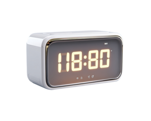 White digital alarm clock, rectangular, with gold accents.  Large, bright, digital display shows time.  Modern, minimalist design
