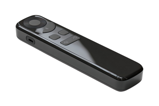 Sleek, rectangular, dark gray media remote.  Glossy finish,  circular control,  four buttons