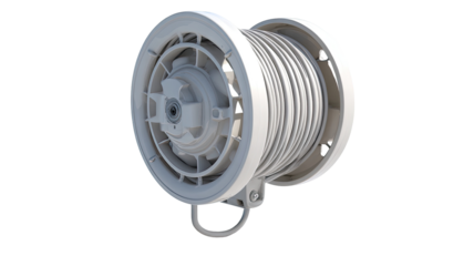 3D model of a light gray, circular, reel-style device, likely for cable or rope.  Two large circular sections enclose a central mechanism