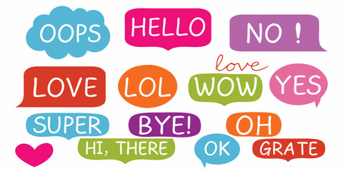 Collection of colorful speech bubbles with positive and common words and phrases