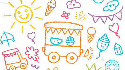 Fototapeta premium A crayon drawing of a sunny day with ice cream cones, a food cart, and other colorful elements drawn silhouette