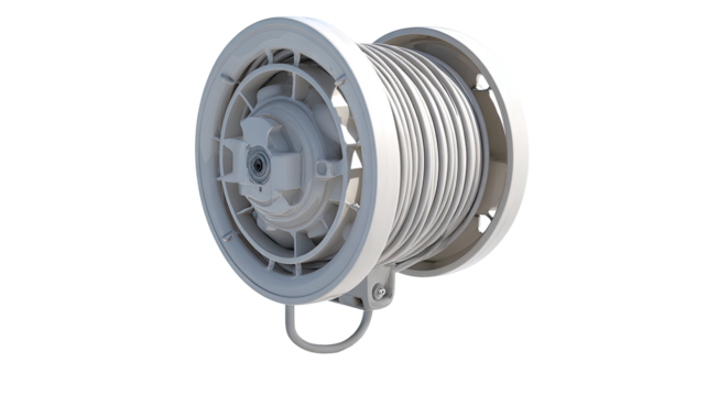3D model of a light gray, circular, reel-style device, likely for cable or rope.  Two large circular sections enclose a central mechanism