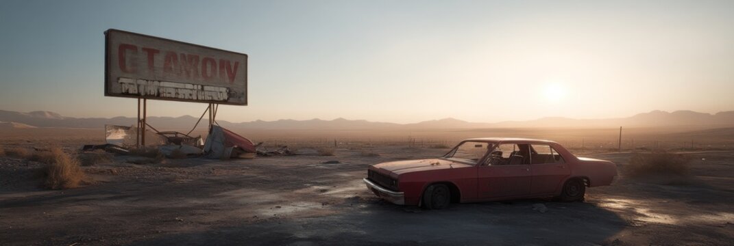 Abandoned desert landscape with vintage car and billboard - Powered by Adobe