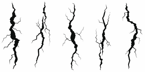 Collection of five black cracked lines on a white background representing damage and destruction
