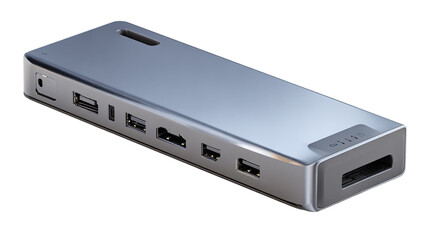 Sleek, metallic, rectangular device with multiple ports.  It's a gray, likely aluminum, external USB hub or docking station.  Several different connector types are visible