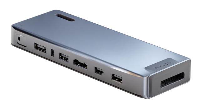 Sleek, metallic, rectangular device with multiple ports.  It's a gray, likely aluminum, external USB hub or docking station.  Several different connector types are visible