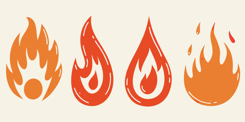 Set of stylized flame icons in orange and red with a vintage textured effect on a cream background