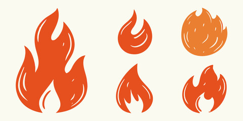 Collection of stylized flame icons in various sizes and shapes on a light background