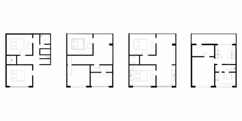 Collection of four minimalist architectural floor plans for apartments or houses presented side by side