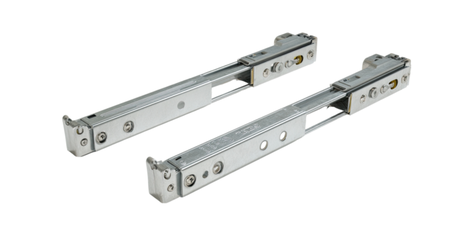 Two chrome-plated metal drawer slides, angled, showing details of internal components and mounting points
