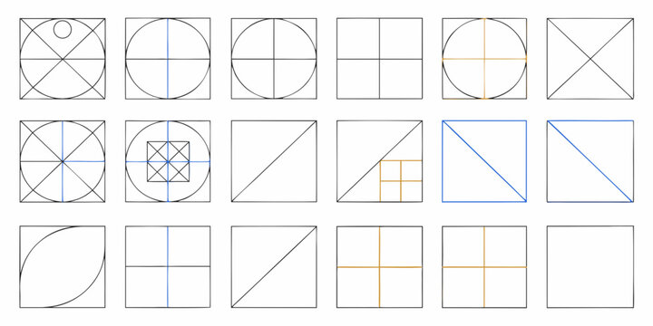 Collection of geometric designs featuring squares circles and lines demonstrating mathematical concepts