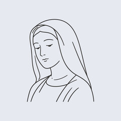 Mother Mary Vector Outline Illustration in Monochrome Line Art Style, Gentle Christian Symbol of Prayer, Madonna Minimal Design for Religious Prints and Sacred Artworks