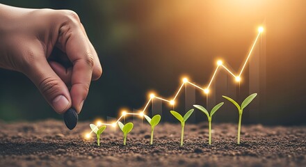 Hand planting seed with line graph concept investment and business growth metaphor