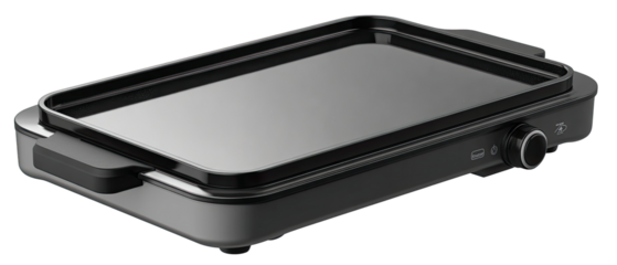 A gray countertop electric griddle with black handles and a control knob