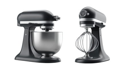 Two black and gray stand mixers, side-by-side.  One features a metal bowl; the other has a whisk attachment