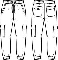 Cargo jogger pants, fashion cad sketch, technical flat drawing, vector illustration, apparel design, garment template, front back view, elastic cuffs
