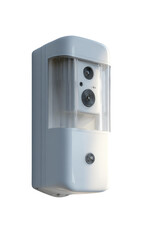 Obraz premium A white security camera, rectangular, with a rounded corner design. Visible lenses and a motion sensor
