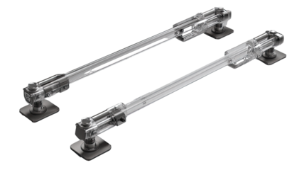 Clear,  transparent  hardware  components  with  dark  bases.  Two  parallel  long  rods  connected.  Image  shows  detail