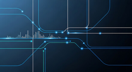 Abstract digital network design with glowing lines and audio waveforms.