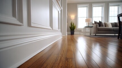 Fototapeta premium A stylish living room featuring wooden flooring, modern furniture, and decorative plants. Bright and inviting atmosphere with natural light.