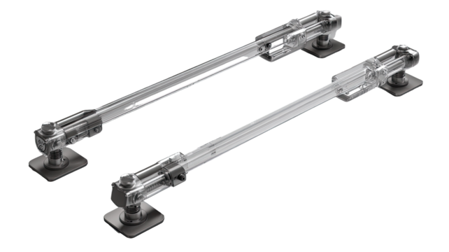 Clear,  transparent  hardware  components  with  dark  bases.  Two  parallel  long  rods  connected.  Image  shows  detail