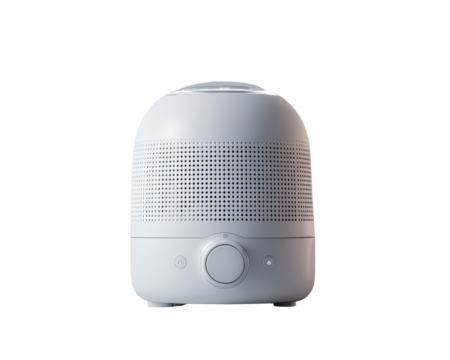 Small, light gray, rounded speaker with control